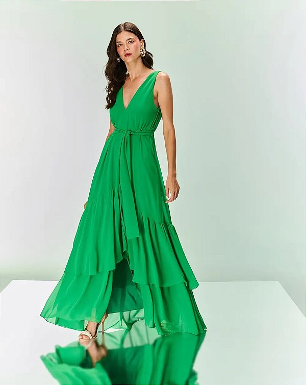 Vestido Chiffon Fluido Com Babados