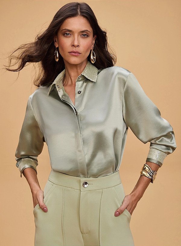 Camisa Acetinada Com Paetê