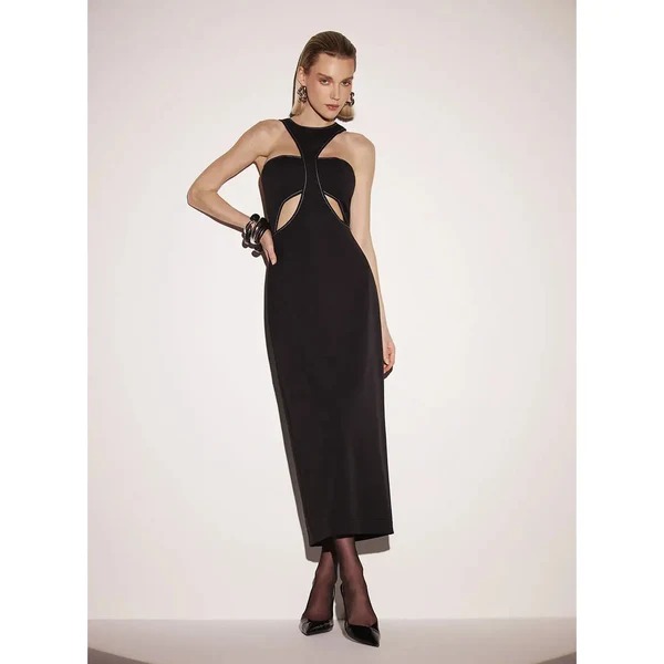 VESTIDO MIDI PRETO COM RECORTES