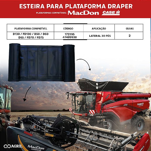 Esteira Draper Lateral 30 Pés 172195 / 47489938 Colheitadeira Macdon Case Cnh