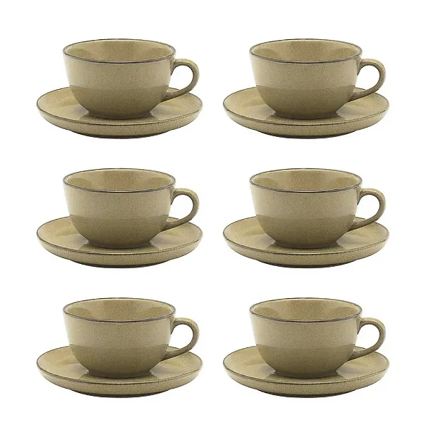 Jogo de 6 Xícaras Grandes 200 Ml Com Pires Flat Ocre