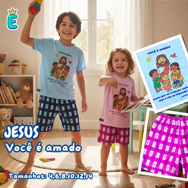 Pijama infantil Cristão - curto (Jesus e as crianças)