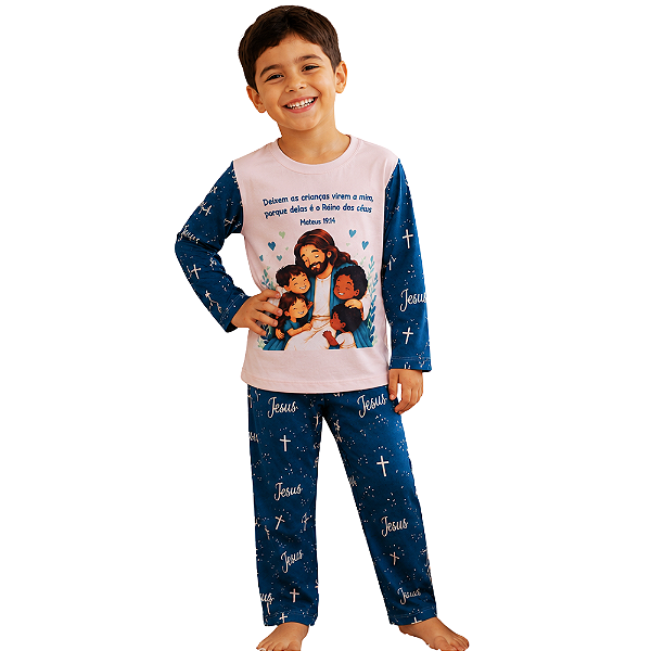 Pijama infantil Jesus e as crianças - calça e manga longa - azul