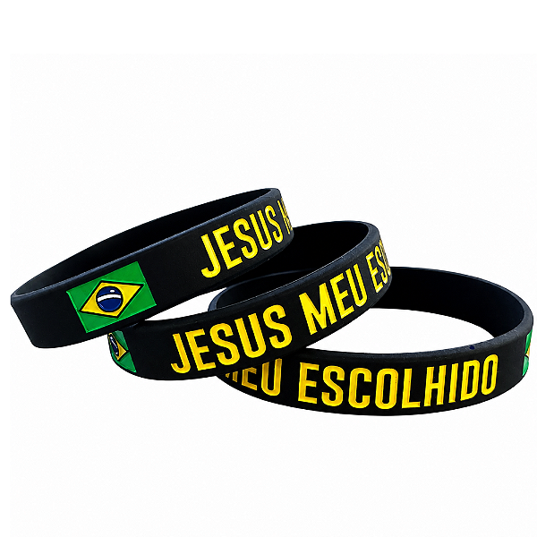 Pulseira de Silicone Cristã BRASIL - Jesus meu Escolhido - Preta 18 cm e 19 cm
