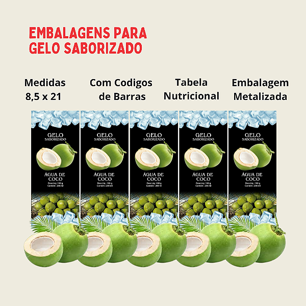 Embalagem para Gelo -Sabor / Coco - Saco BOPP METALIZADO - 8,5x21