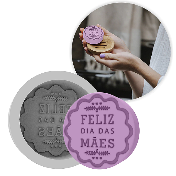 Forma de Silicone redonda Feliz dia das Mães Flor