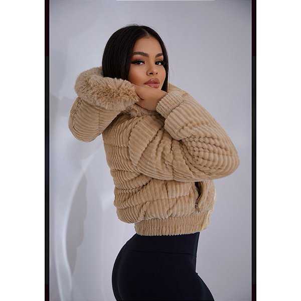 Jaqueta Puffer de Veludo com Capuz Cropped