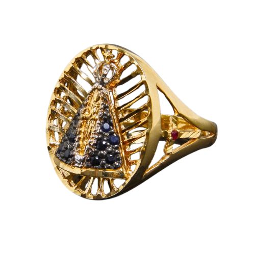 Anel Nossa Senhora Aparecida em Ouro 18k 750 Zirconia