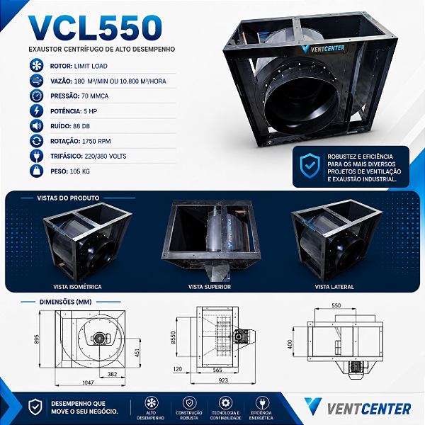Exaustor Centrífugo Limit Load VCL550 Trifásico para Alta Pressão e Dutos