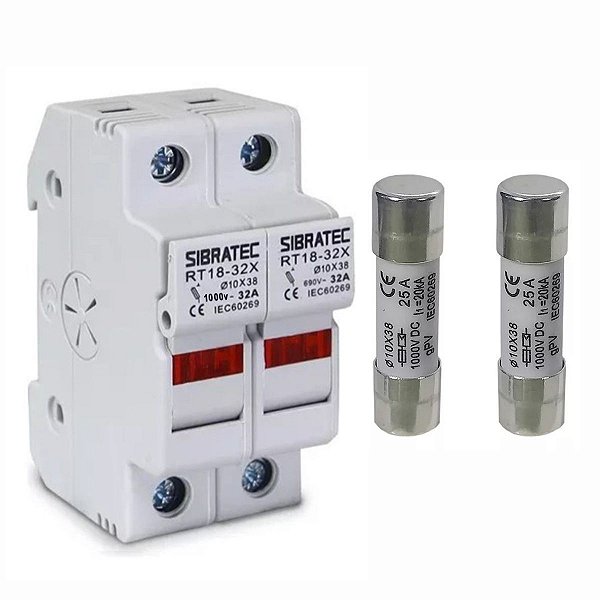 Porta Fusível Solar 1000v 32a 2 Polos + Fusível Gpv/Ar Ultra Rapido