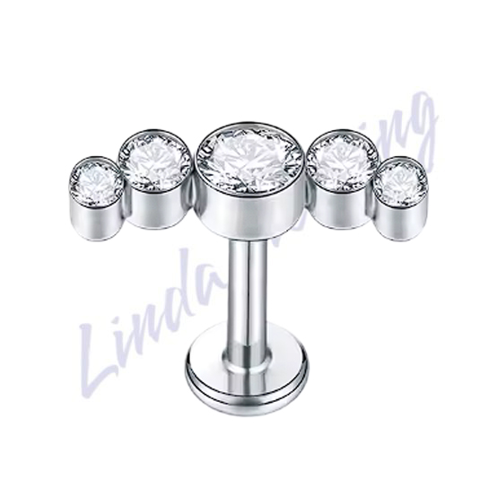 Labret Titânio Rosca Interna 5 Pedras Zircônia Cluster 1.2x8