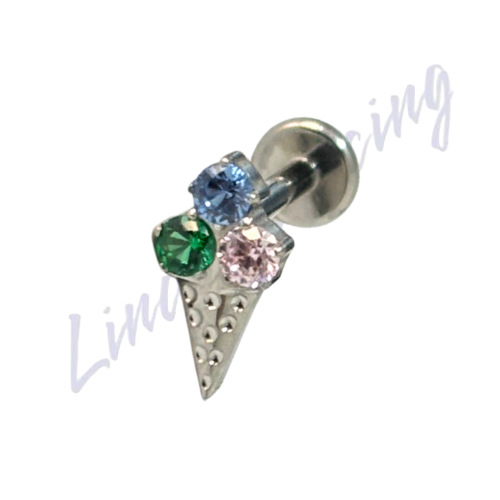 Piercing Titânio Sorvete 3 Zircônia Redonda Verde / Azul / Rosa 1.2x8