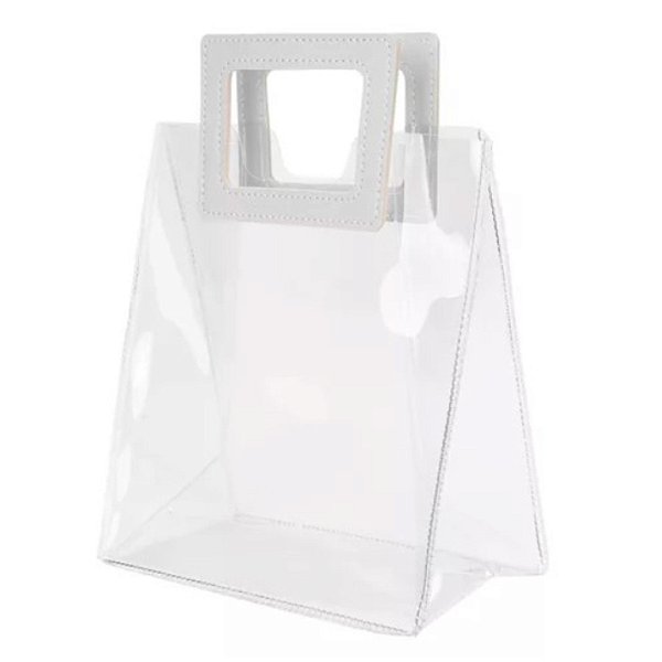 Sacola Transparente PVC com Alça Quadrada de Couro Branco - 26x22x12 - 1 unidade - Rizzo
