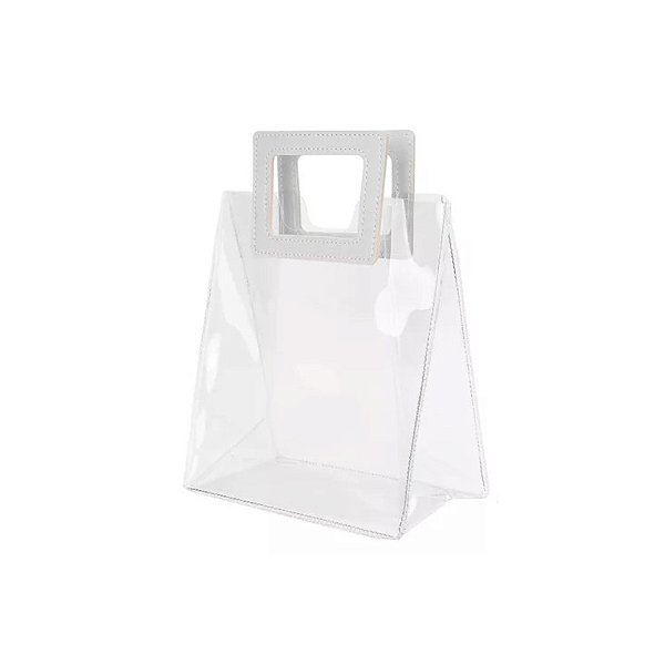 Sacola Transparente PVC com Alça Quadrada de Couro Branca - 15x15x10 - 1 unidade - Rizzo