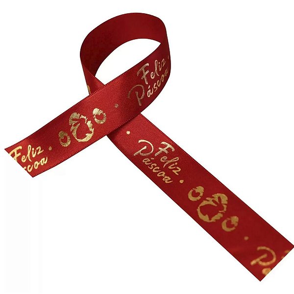 Fita de Cetim "Feliz Páscoa" Vermelho e Dourado - Cor 704 - 10m x 22mm - 1 unidade - Fitas Progresso - Rizzo