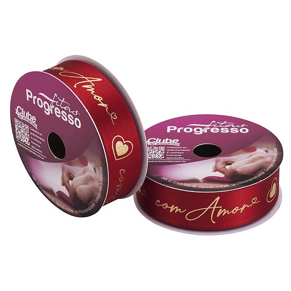 Fita em Cetim "com Amor" Vermelho e Dourado - Cor 788 - 10 m x 22 mm - 1 unidade - Fitas Progresso