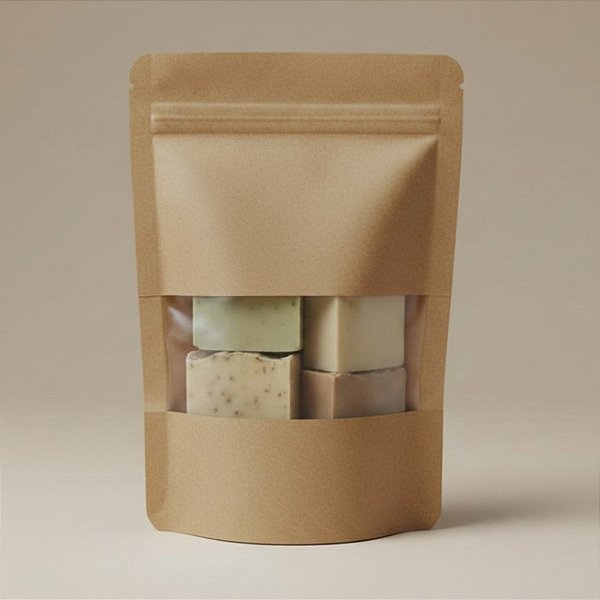Saco de Papel Kraft com Visor Stand Up Pouch Zip 18x26x4cm - Hermético e Impermeável Dentro e Fora - 50 un - Rizzo