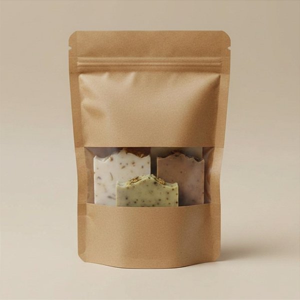 Saco de Papel Kraft com Visor Stand Up Pouch Zip 15x22cm - 50 un - Hermético Fosco p Fora Impermeável p dentro - Rizzo