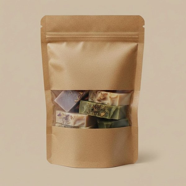 Saco de Papel Kraft com Visor Stand Up Pouch Zip - 14x22cm - 50 un - Hermético Fosco p Fora Impermeável p dentro - Rizzo