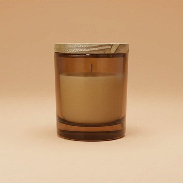 Pote De Vidro Âmbar Redondo Para Vela Com Tampa De Madeira - 300ml - 1 unidade - Rizzo