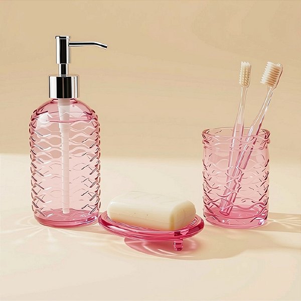 Kit para Banheiro de Vidro 3 Peças - 420ml - Rosa - 1 unidade - Rizzo