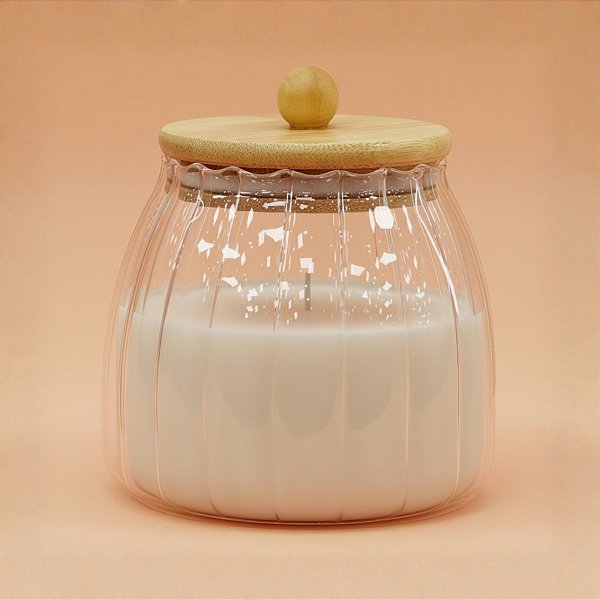 Pote de Vidro Bojudo Canelado Hermético com Tampa de Bambu - 10x11cm - 690ml - 1 unidade - Rizzo
