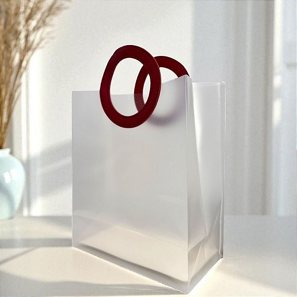 Sacola Transparente Fosca PVC com Alça Redonda de Couro Marsala - 32x26x11cm  - 1 unidade - Rizzo