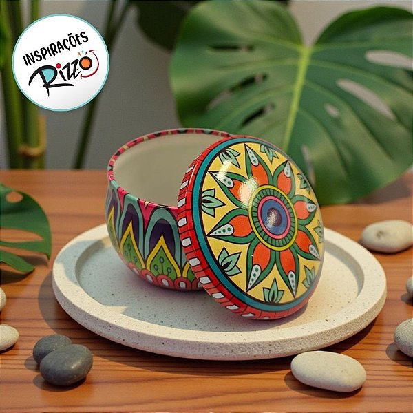 Lata De Metal Estampa De Mandala - Verde, Azul e Vermelho - 7x7x4cm - 130ml - 1 unidade - Rizzo