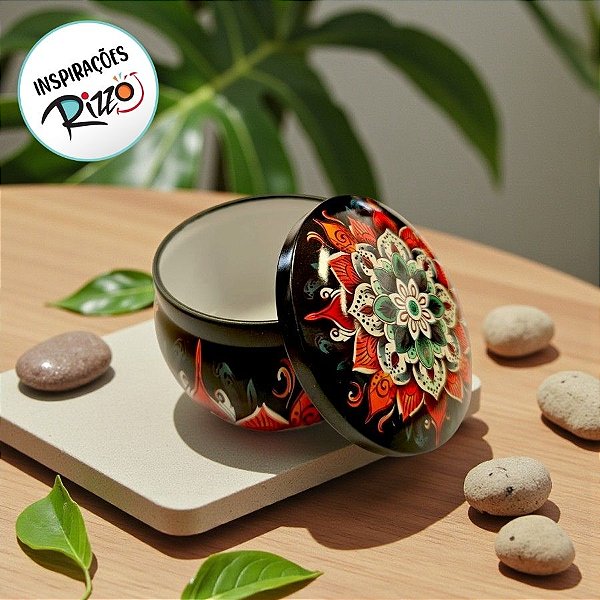 Lata De Metal Estampa De Mandala - Preto, Vermelho - 7x7x4cm - 130ml - 1 unidade - Rizzo