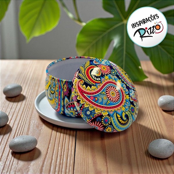Lata De Metal Estampa De Mandala - Azul, Amarelo e Vermelho - 7x7x4cm - 130ml - 1 unidade - Rizzo