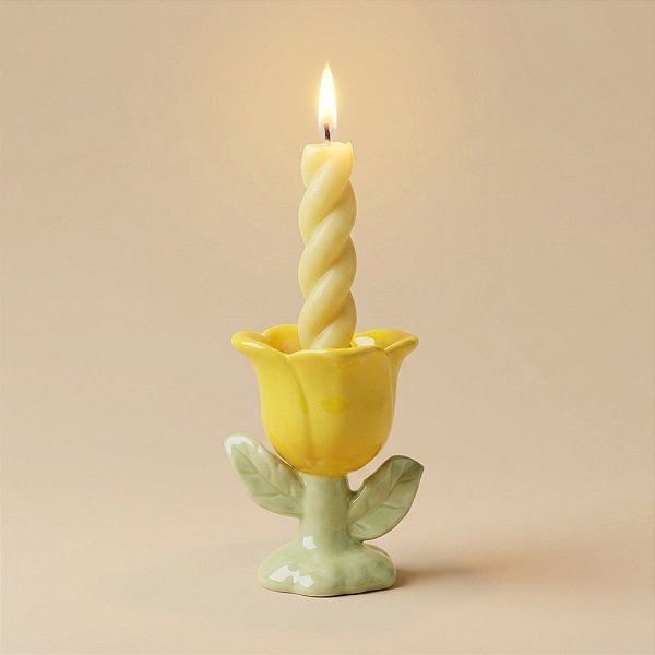 Suporte para Vela em Cerâmica - Flor Grande - Amarelo - 12cm - 1 unidade - FlorArte - Rizzo