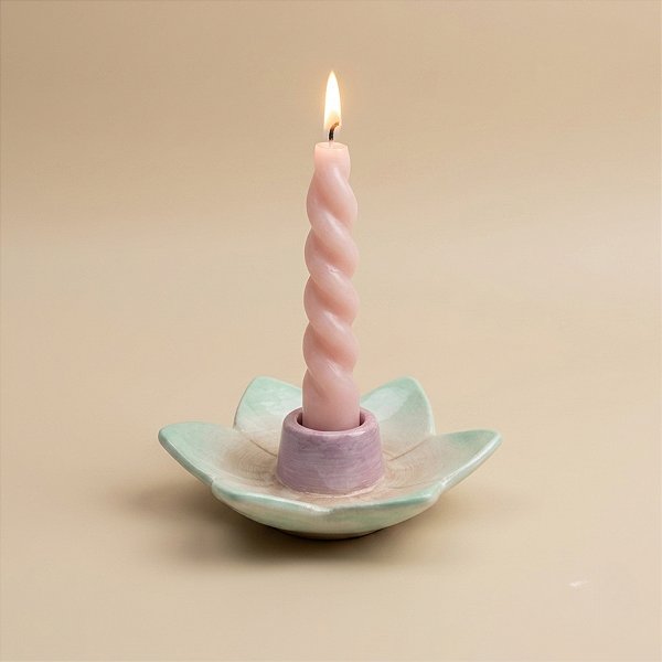 Suporte para Vela em Cerâmica - Flor - Rosa e Verde - 11,5cm - 1 unidade - FlorArte - Rizzo