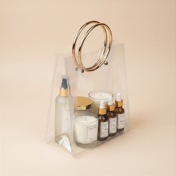 Sacola Transparente PVC com Alça Redonda de Metal - Dourado - 20x18x10cm - 1 unidade - Cromus - Rizzo