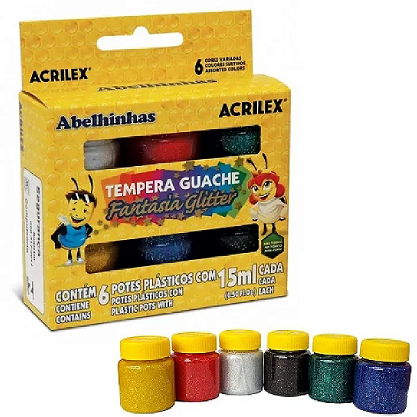 Estojo Tinta Tempera Guache GLITTER Acrilex - 6 cores 15 ml
