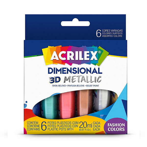 TINTA DIMENSIONAL 3D METALLIC ACRILEX 6 POTES 20 ML CADA