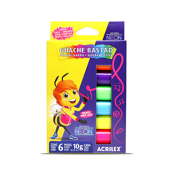 Estojo Tinta Guache bastão Acrilex  6 cores - Efeito Neon