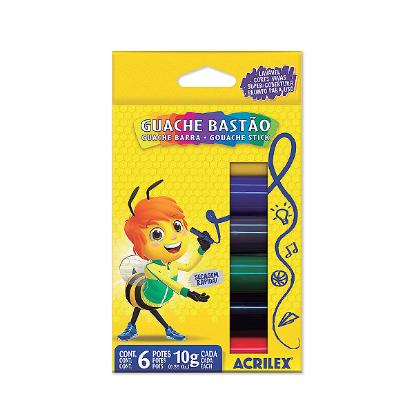 Estojo Tinta Guache bastão Acrilex  6 cores - Tradicionais