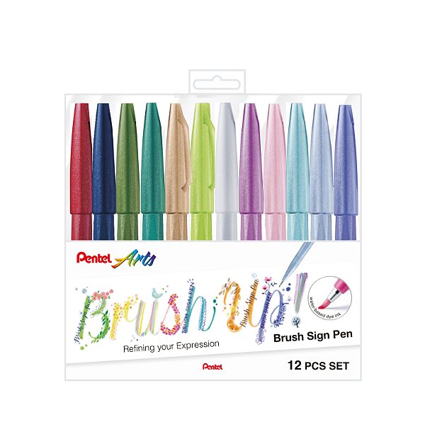Estojo Pentel Brush Sign Pen 12 cores Lettering Tom Pastel