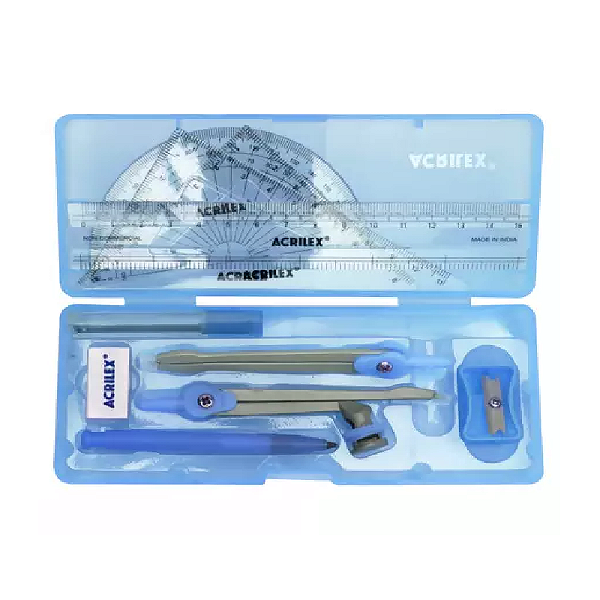 KIT DESENHO GEOMETRICO COMPASSO REGUAS BORRACHA AZUL