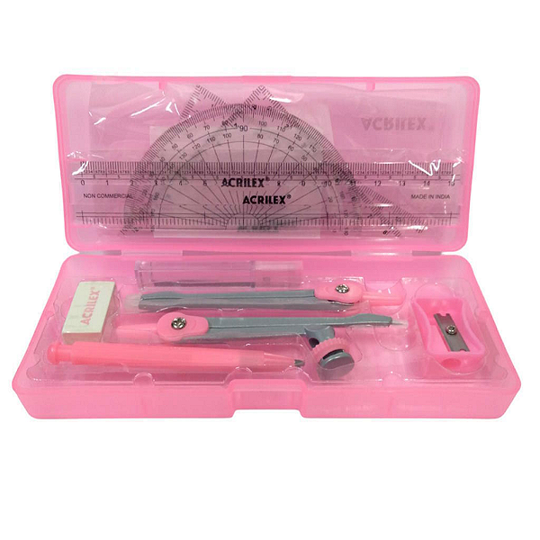 KIT DESENHO GEOMETRICO COMPASSO REGUAS BORRACHA ROSA
