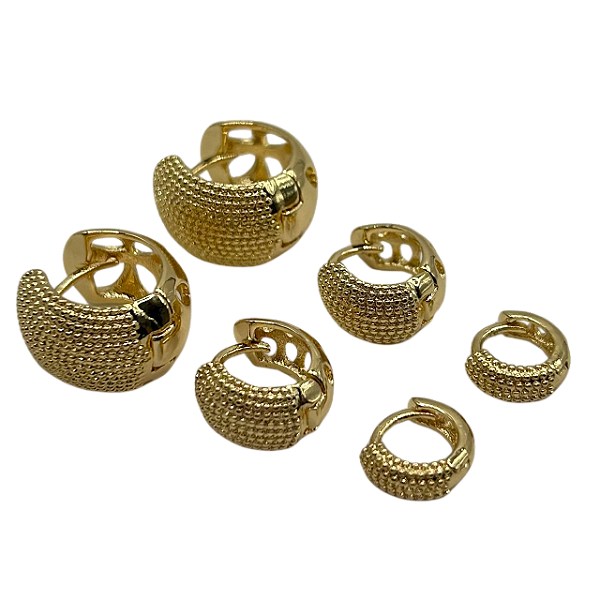 Conjunto semijóia Trio Brinco Argola Pontilhada Banhado Ouro