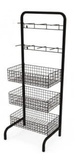 EXPOSITOR DE CHÃO C/03 CESTO E 02 GANCHEIRAS PRETO