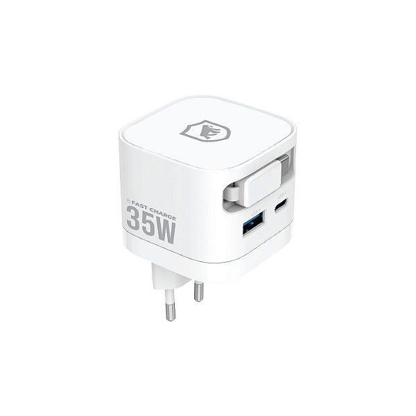 Carregador de Parede Turbo 35W com Cabo Retrátil Tipo C + 1 Entrada USB-A + 1 Entrada USB-C - Raptor - Gshield