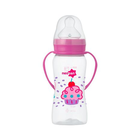 Mamadeira Criativa com Alça, Boca Larga, Ortodôntica, 300ml, Rosa - Neopan