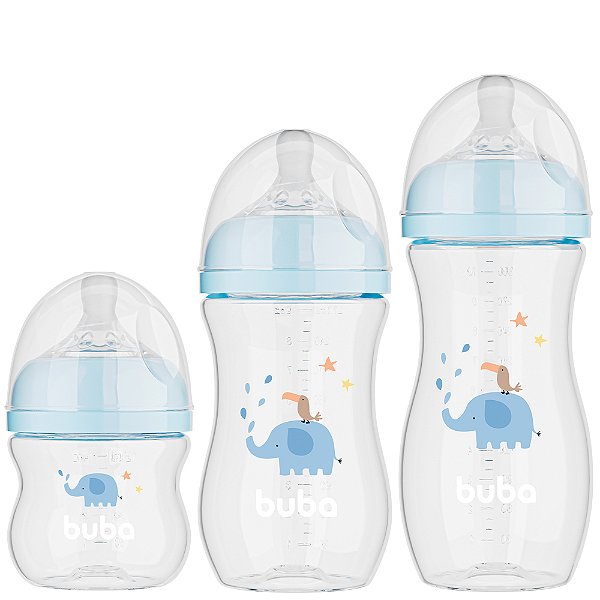 Kit 3 Mamadeiras Easy Flow Elefante Azul, 120ml/270ml/330ml, Anticolica - Buba