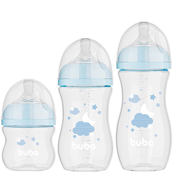 Kit 3 Mamadeiras Easy Flow Nuvem Azul, 120ml/270ml/330ml, Anticolica - Buba