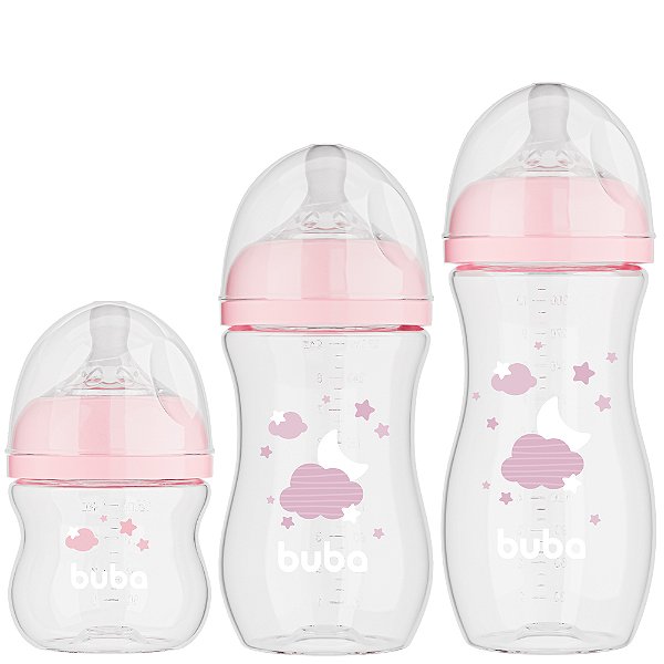 Kit 3 Mamadeiras Easy Flow Nuvem Rosa, 120ml/270ml/330ml, Anticolica - Buba