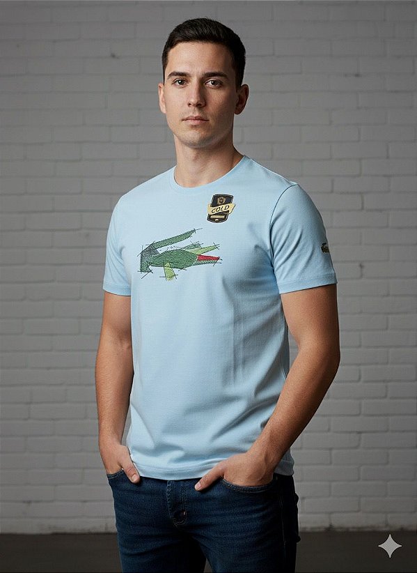 Camiseta Masculina Gold Croco – Malha Egípcia Azul Claro