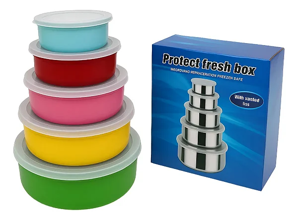 Conjunto de Potes Inox Colorido 5 Peças C/ Tampa