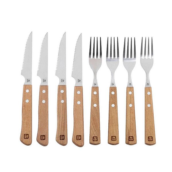 Jogo de Talheres Inox Cabo de Madeira Churrasco Premium 8Pcs